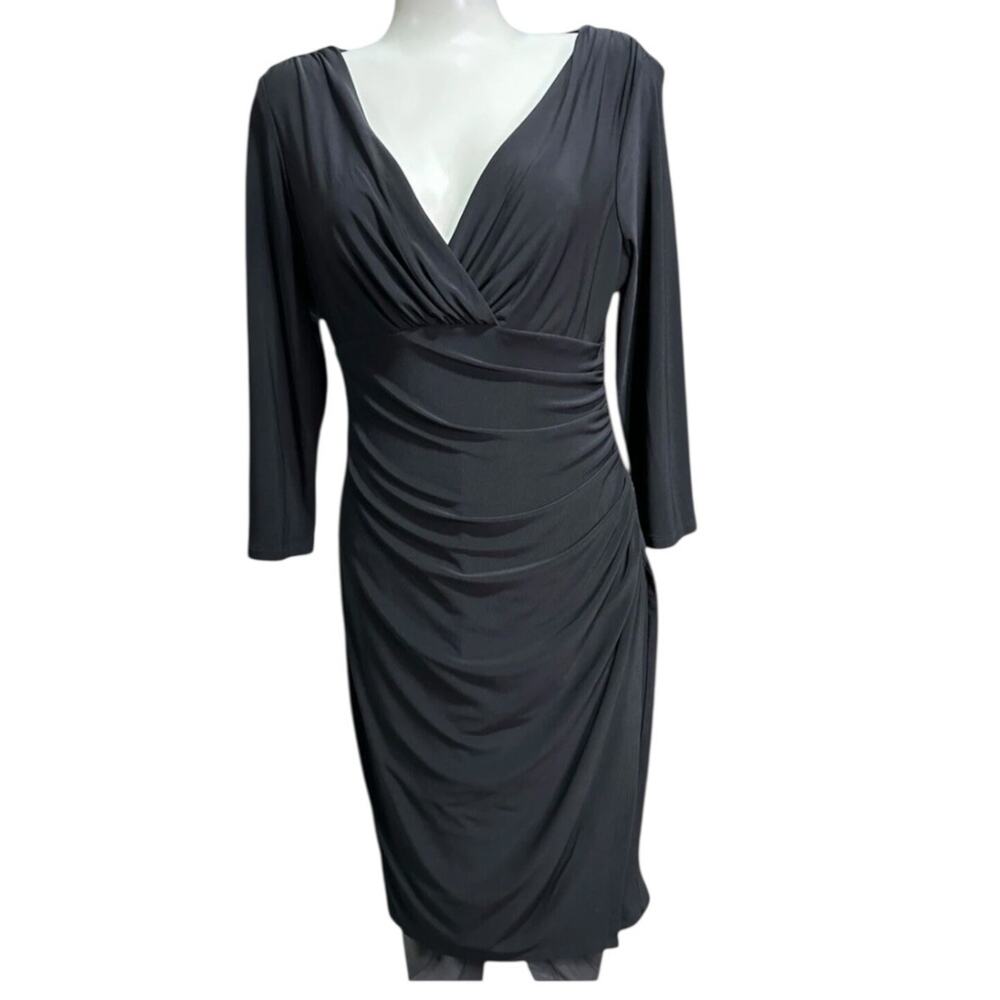 Lauren Ralph Lauren Dress Black Sleeveless Faux Wrap Midi V-Neck Stretch Size 6